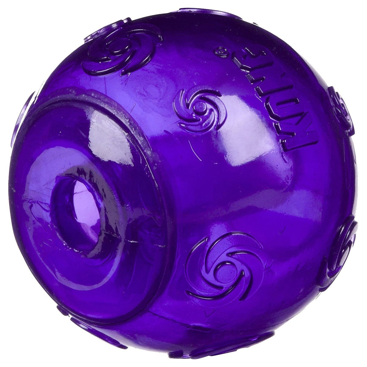 Purple ball-shaped pet toy with a white background