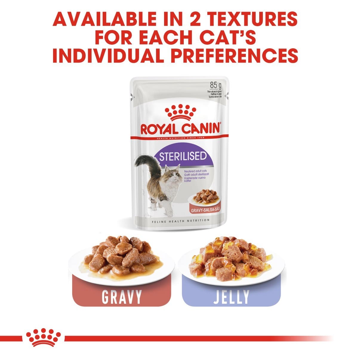 Royal Canin cat food packaging with text about texture options for cats.