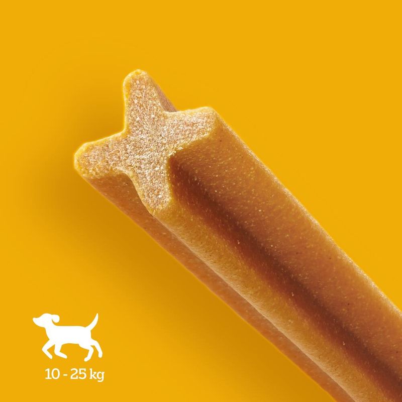 Dog chew treat shaped like a bone on a yellow background with a white dog icon and weight range text.