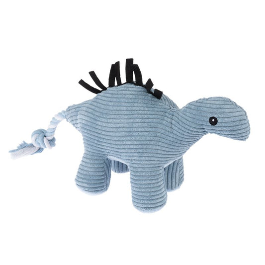 Blue dinosaur-shaped plush toy with black spikes on a white background