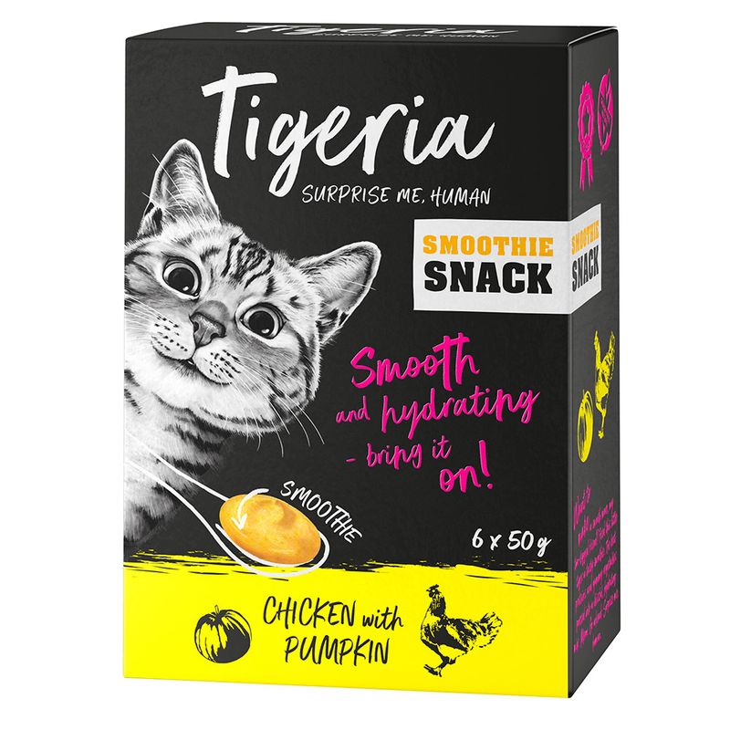 Tigeria smoothie snack packaging with a cat illustration and text on a black and yellow background
