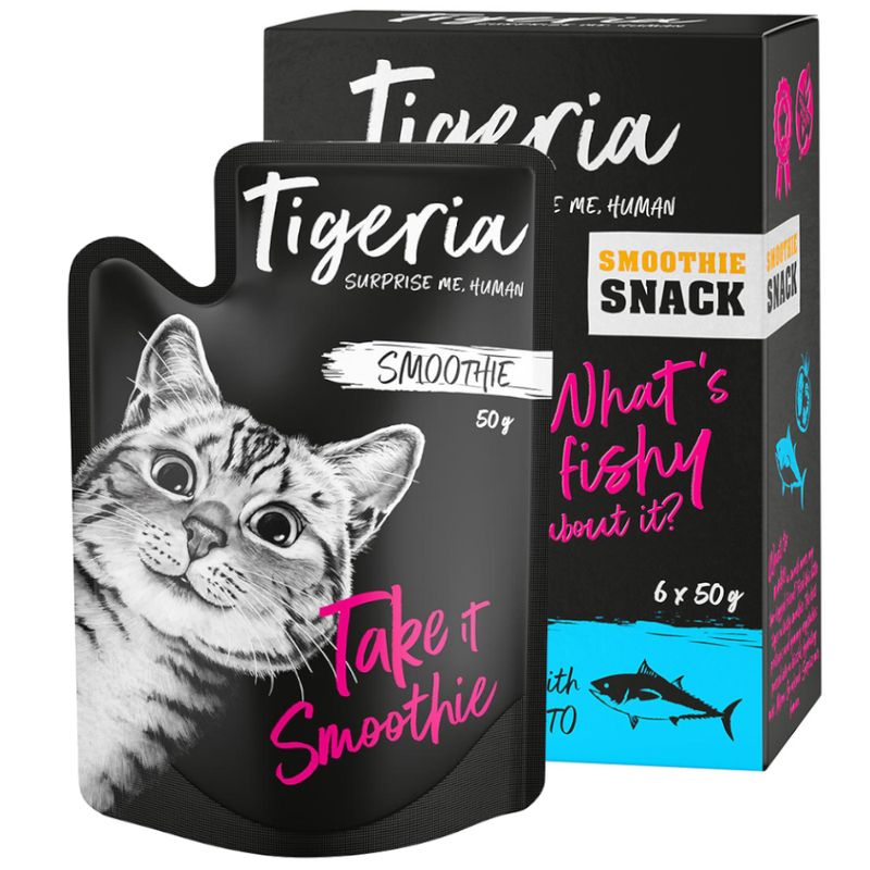 Tigeria smoothie snack packaging with a cat illustration and text.