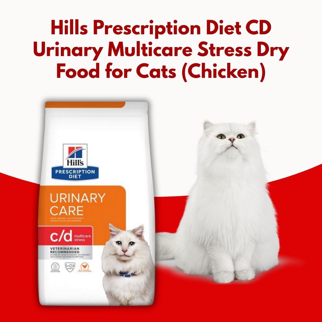 Hills Prescription Diet CD Urinary Multicare Stress Dry Food for Cats with a white cat on a red background
