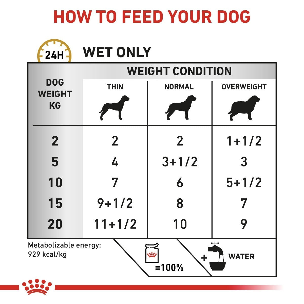 Dog food feeding chart for wet food only, showing recommended portions based on dog weight and condition.