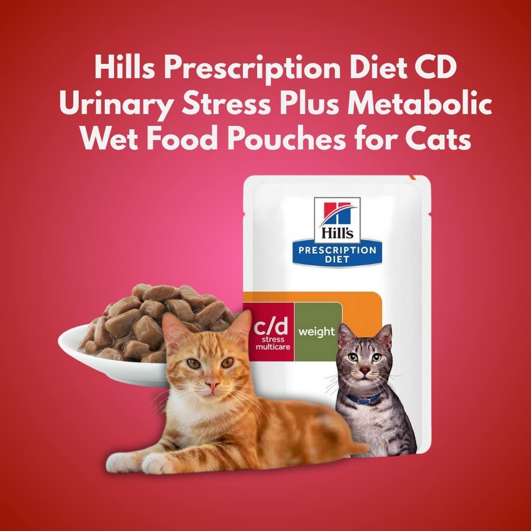 Hills Prescription Diet CD Urinary Stress Plus Metabolic wet food pouches for cats with a red background.