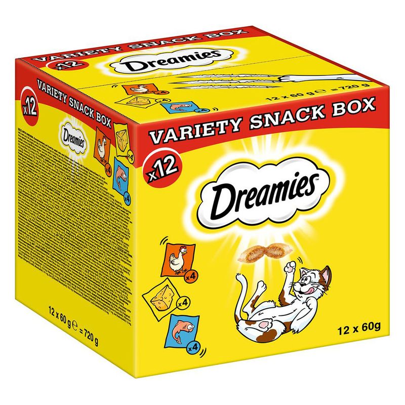 Box of Dreamies variety snack for cats with a yellow and red design.