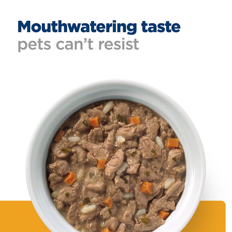 Pet food in a bowl with text 'Mouthwatering taste pets can't resist' on a white background