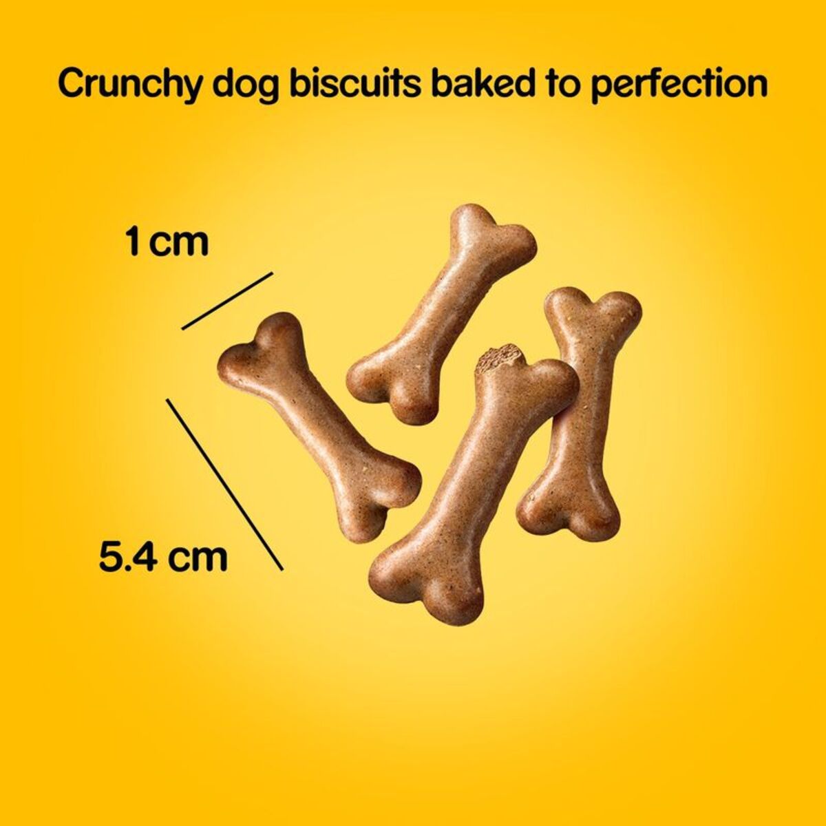 Dog biscuits shaped like bones on a yellow background with text indicating size.