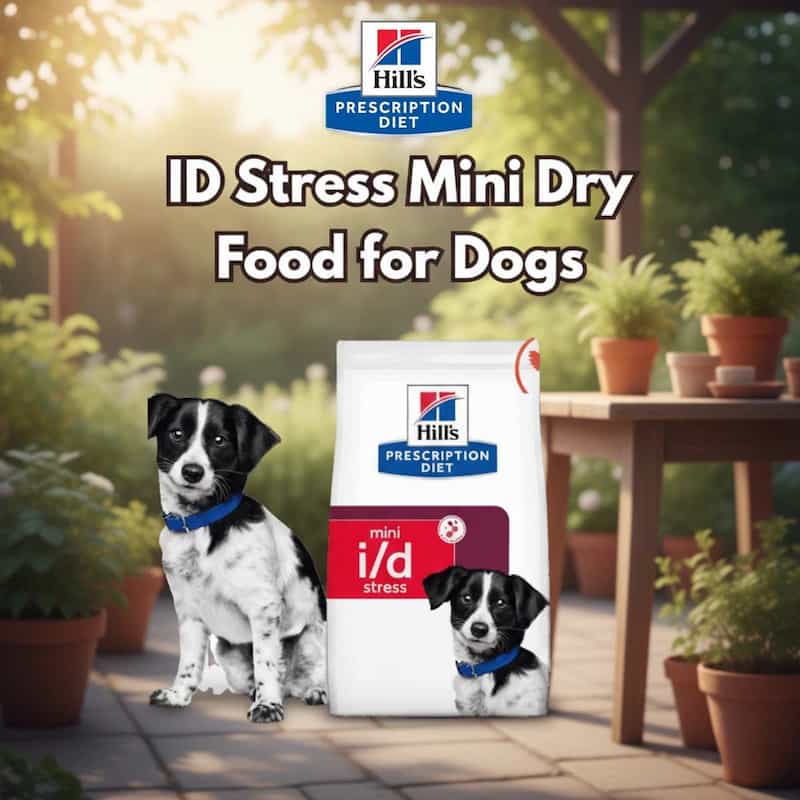 Hills Prescription Diet ID Stress Mini Dry Food for Dogs packaging with a dog in a garden setting.