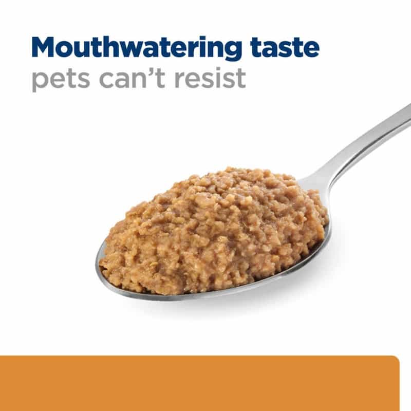 Spoonful of brown pet food with 'Mouthwatering taste pets can't resist' text on a white background.