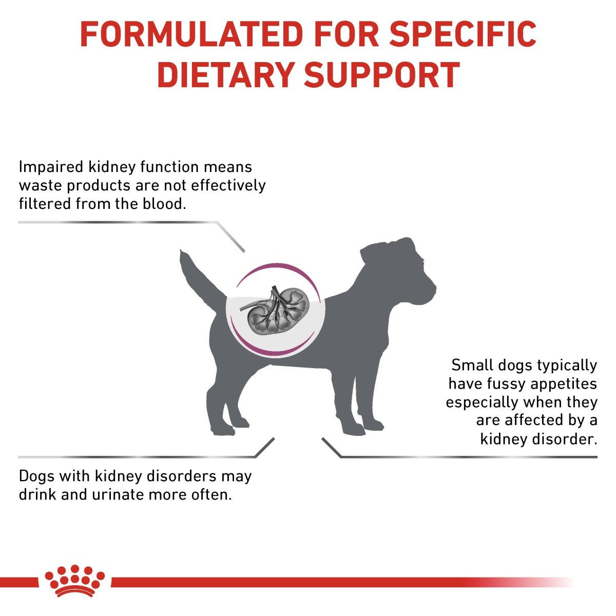 Diagram explaining dietary support for dogs with impaired kidney function, featuring a silhouette of a dog and a diagram of the kidneys.