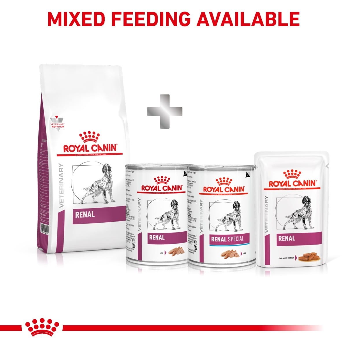 Royal Canin Renal pet food products on a white background with 'Mixed Feeding Available' text.