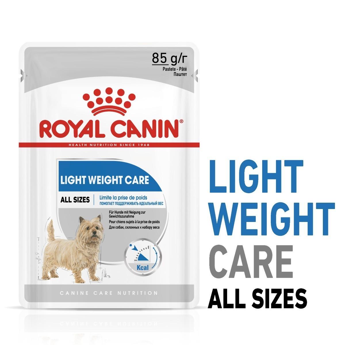 Royal Canin Light Weight Care dog food package on a white background