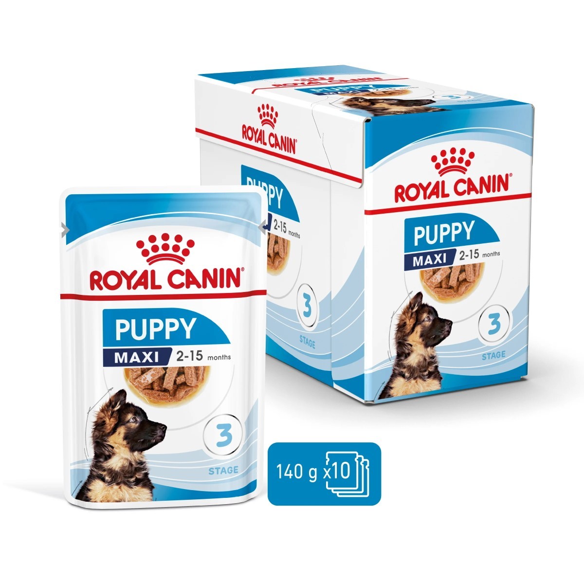 Royal Canin Puppy Maxi pet food packaging on a white background