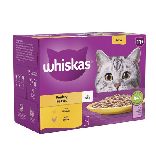 Whiskas cat food packaging with a purple background and a cat on the front.