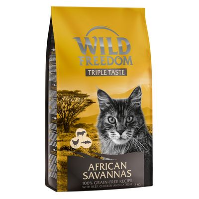 A bag of Wild Freedom Adult Spirit of Africa dry cat food with an image of a cat and an silhouette of Africa on the front.