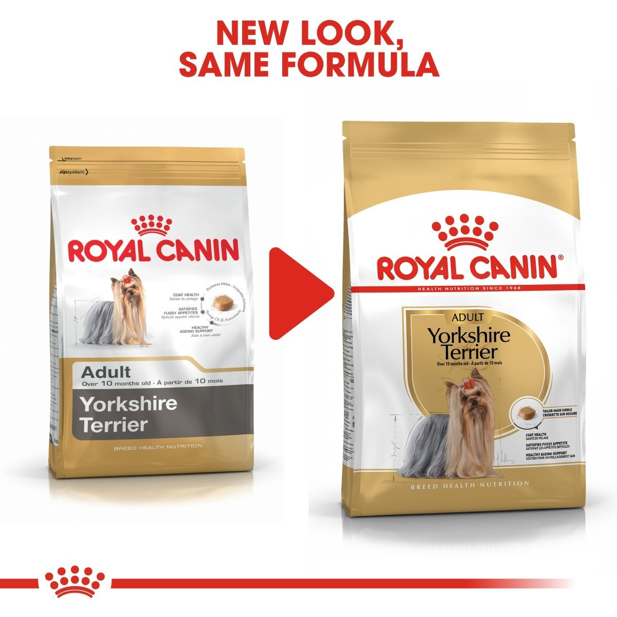 Two packages of Royal Canin Yorkshire Terrier dog food with a red arrow between them.