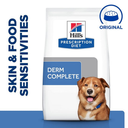 Hill's Prescription Diet Derm Complete dog food package on a blue background