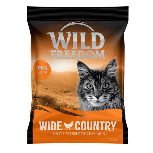 Wild Freedom cat food package with a cat on the front, set against a scenic background.