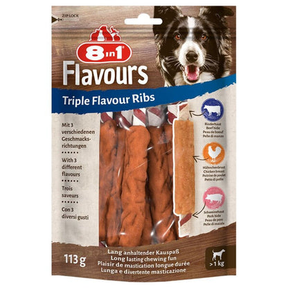 Packaging of 8in1 Flavours Triple Flavour Ribs dog treats with a dog on the label.