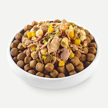 Wet dog food toppers in broth