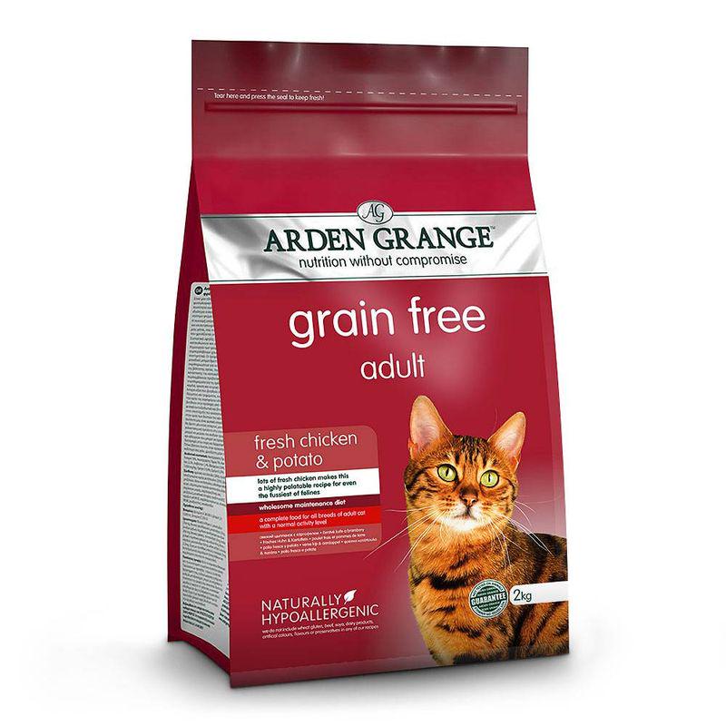 A package of Arden Grange grain-free adult cat food with an image of a cat on the front, indicating fresh chicken & potato flavor.