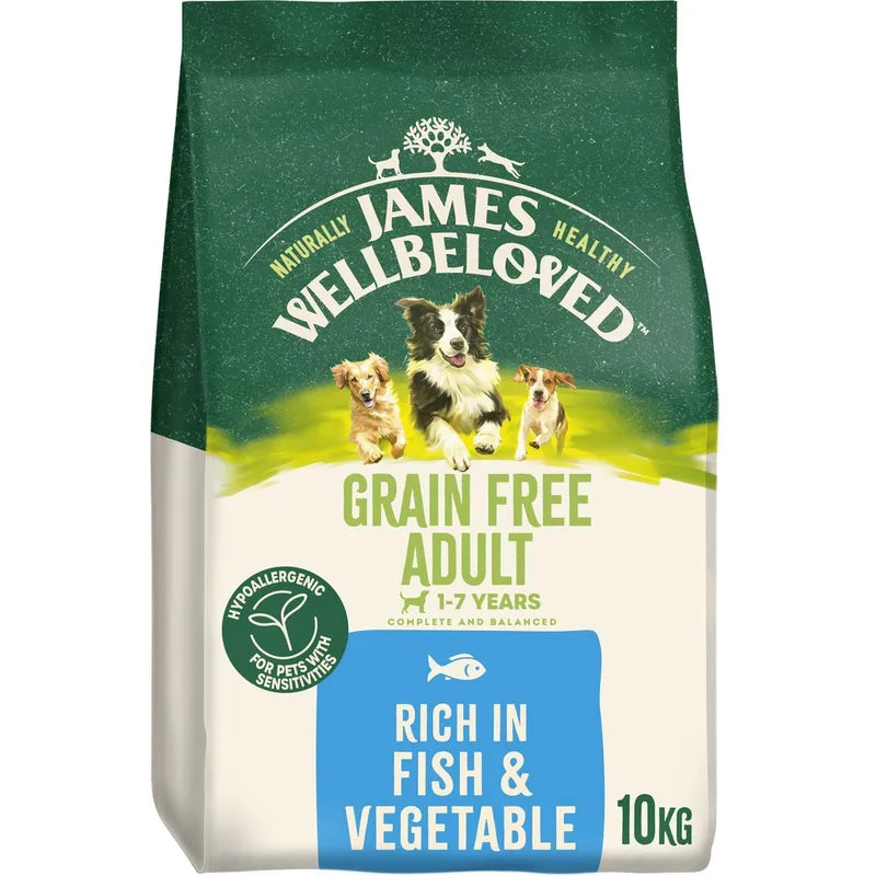 Bag of James Wellbeloved grain-free adult dog food with images of dogs on a green and white background.