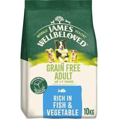 Bag of James Wellbeloved grain-free adult dog food with images of dogs on a green and white background.