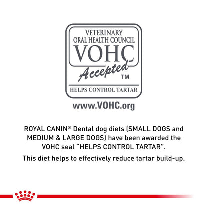 VOHC Accepted seal for Royal Canin dental dog diets on a white background