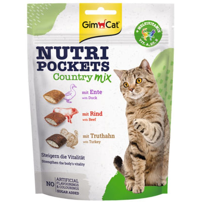 GimCat Nutri Pockets Country Mix cat food package with a cat on the label.