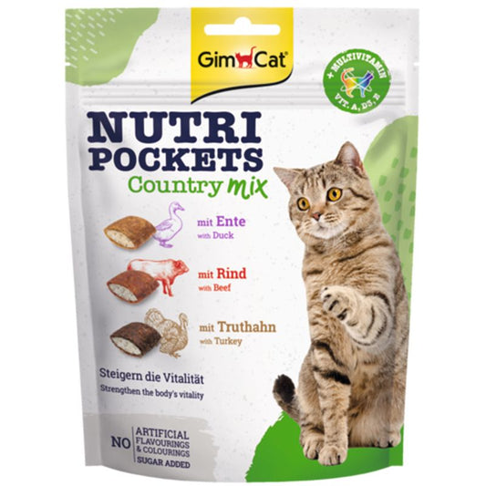 GimCat Nutri Pockets Country Mix cat food package with a cat on the label.