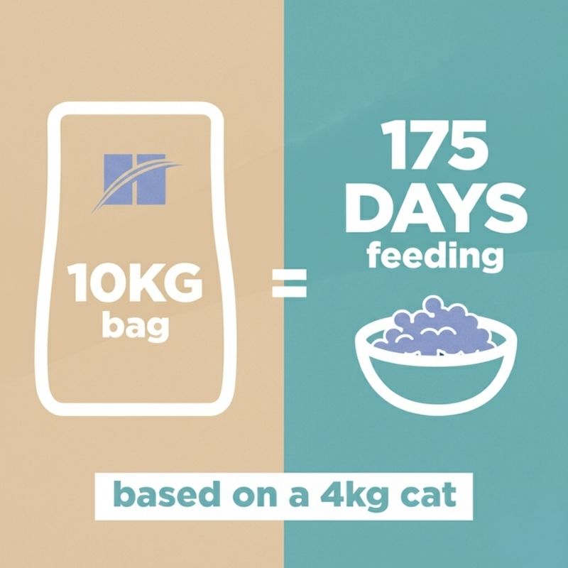 10KG bag of pet food with a visual representation of 175 days feeding for a 4kg cat.