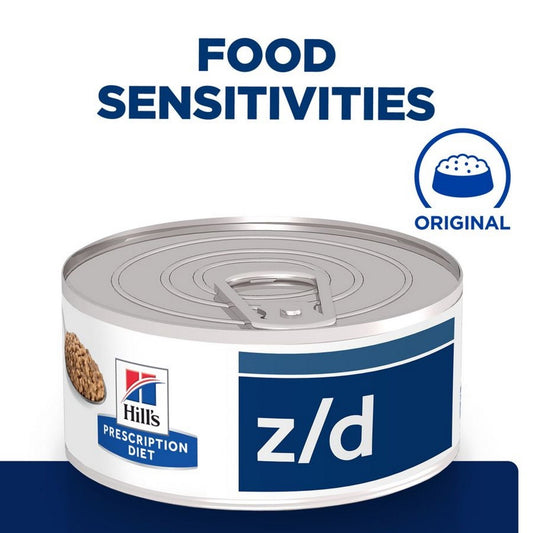Can of Hills Prescription Diet z/d food on a white background with 'Food Sensitivities' text above.