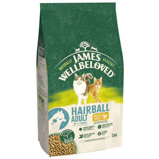 A bag of James Wellbeloved Adult Cat Hairball Hypoallergenic Turkey and Rice. The packaging is green and yellow with images of cats on the front and text detailing the product type and brand.