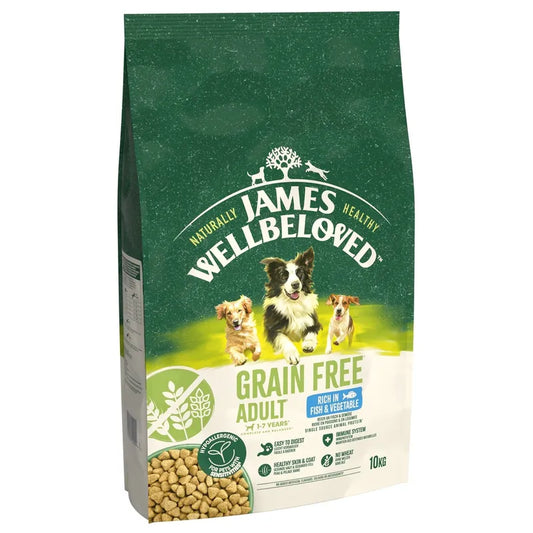James Wellbeloved grain-free dog food package on a white background