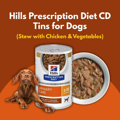 Hills Prescription Diet CD Tins for Dogs on an orange background with a dog and bowl of stew.