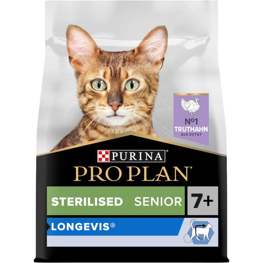 A bag of PURINA PRO PLAN Sterilised Senior 7+ Longevis dry cat food with an image of a cat on the front.