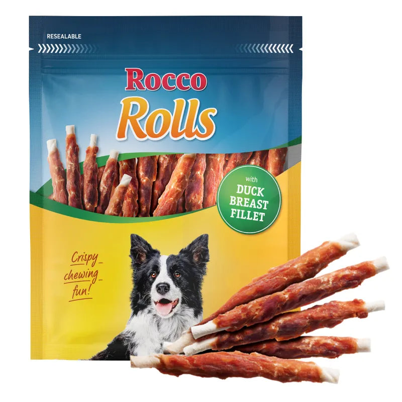 Packaging of Rocco Rolls dog treats with a dog on the label