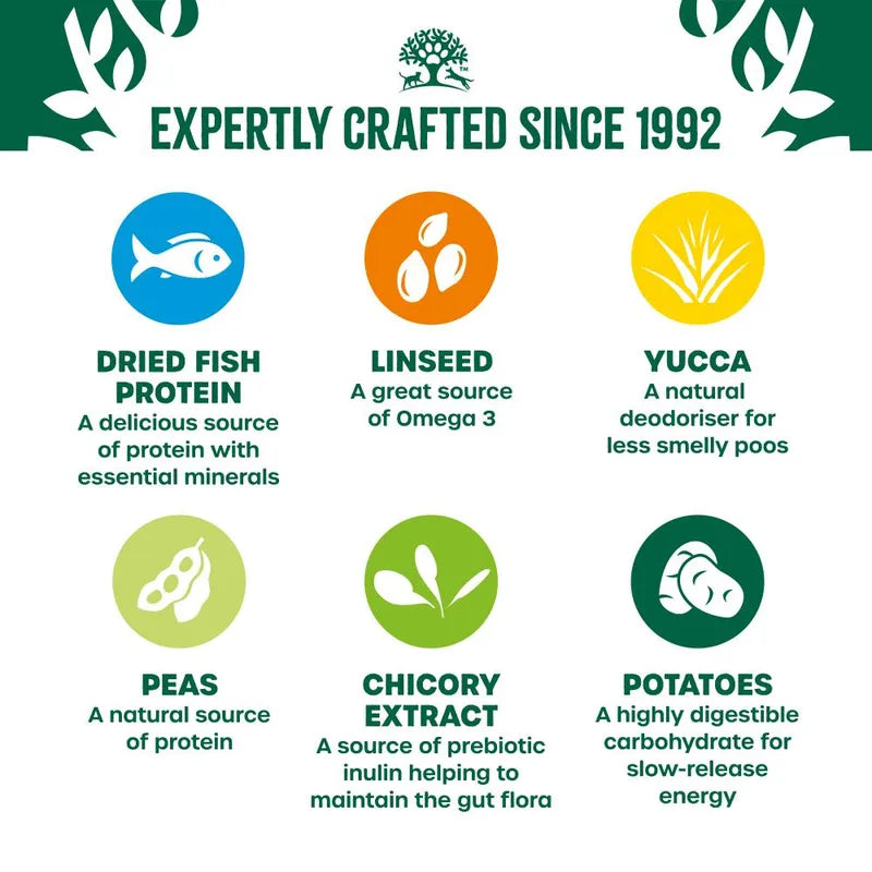 Product ingredients list with icons and descriptions on a green and white background