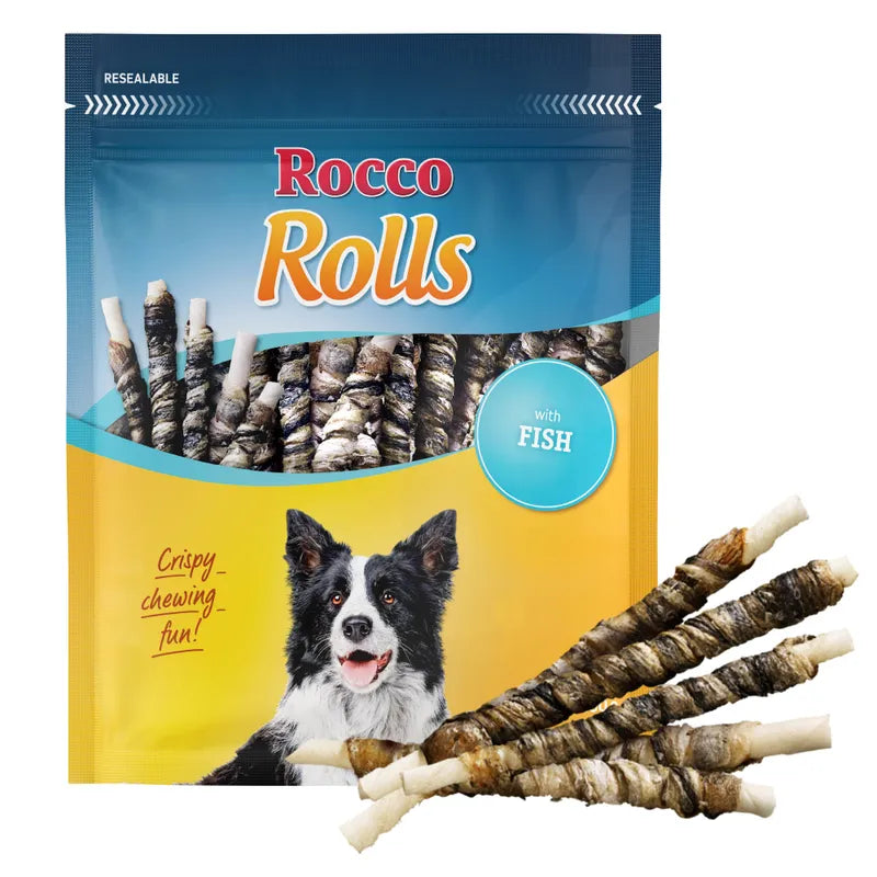 Rocco Rolls dog treat package with a dog on the label
