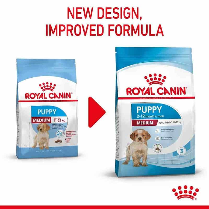 Two packages of Royal Canin Puppy Medium dog food with a red arrow and text indicating a new design and improved formula.