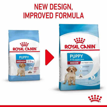 Two packages of Royal Canin Puppy Medium dog food with a red arrow and text indicating a new design and improved formula.
