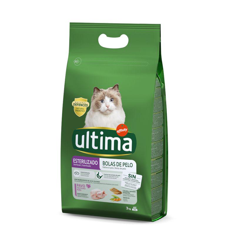 A bag of Ultima Sterilised Hairball Turkey and Barley cat food. The packaging is green with a picture of a cat on the front and text detailing the product type and benefits.