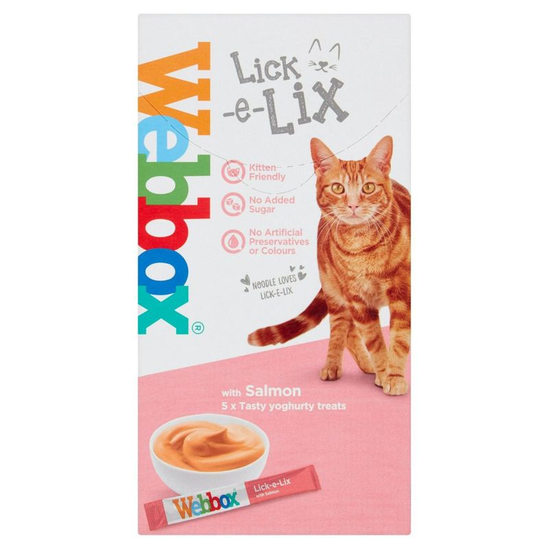 Lick-e-Lix Webbox cat treat packaging with a cat on a pink background