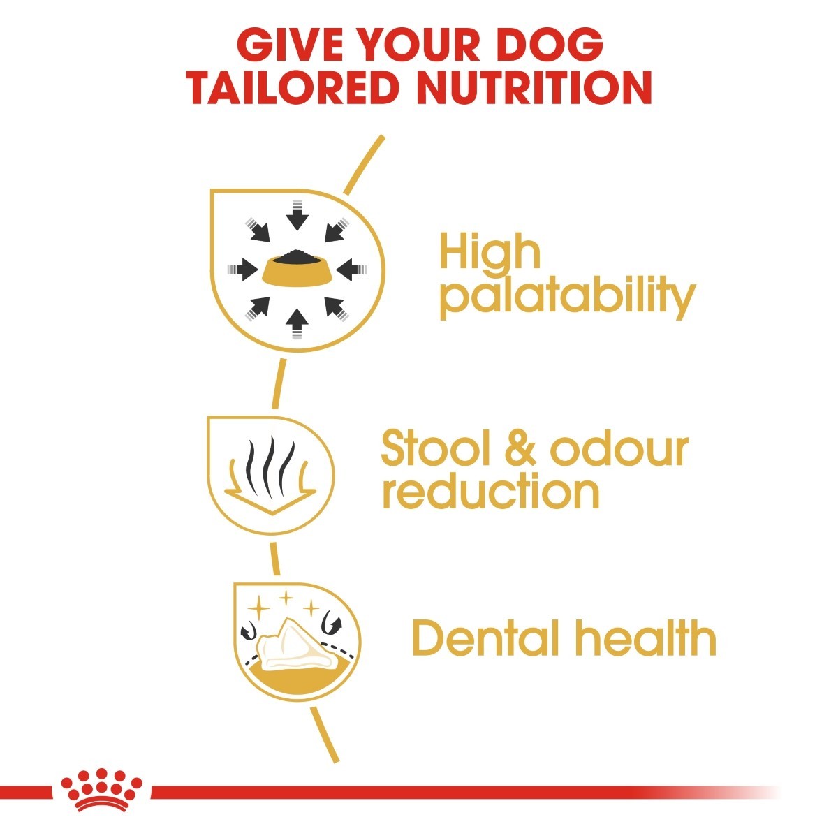 Diagram of dog food benefits including high palatability, stool & odor reduction, and dental health on a white background.