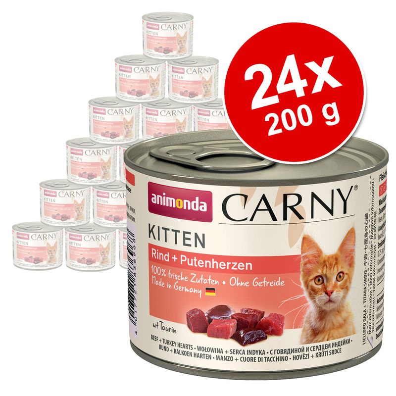 Carny Kitten cat food cans with a red circle indicating 24 x 200g pack on a white background
