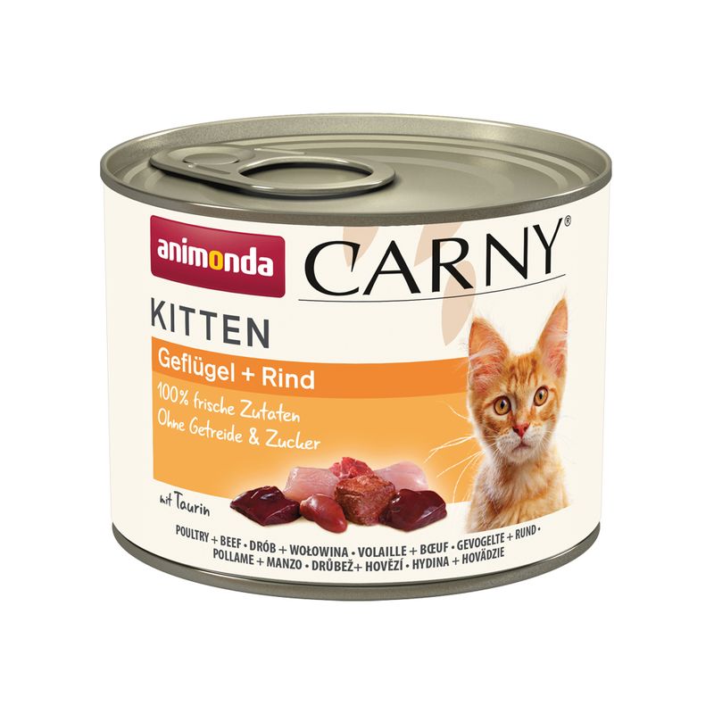 Can of Animonda Carny Kitten food with a cat illustration on a white background