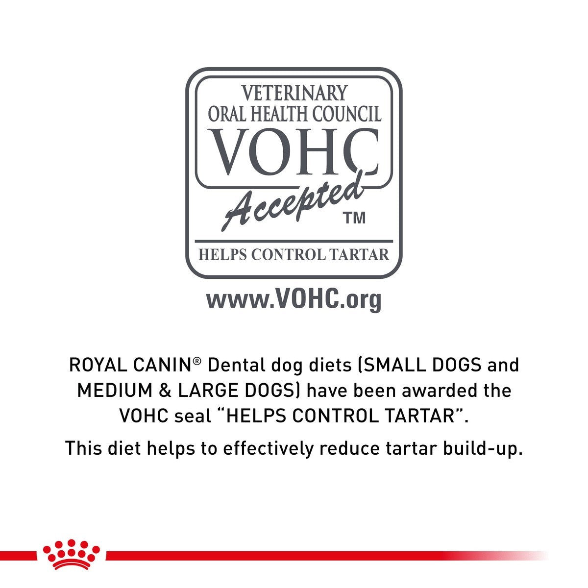 VOHC Accepted seal for Royal Canin dental dog diets on a white background