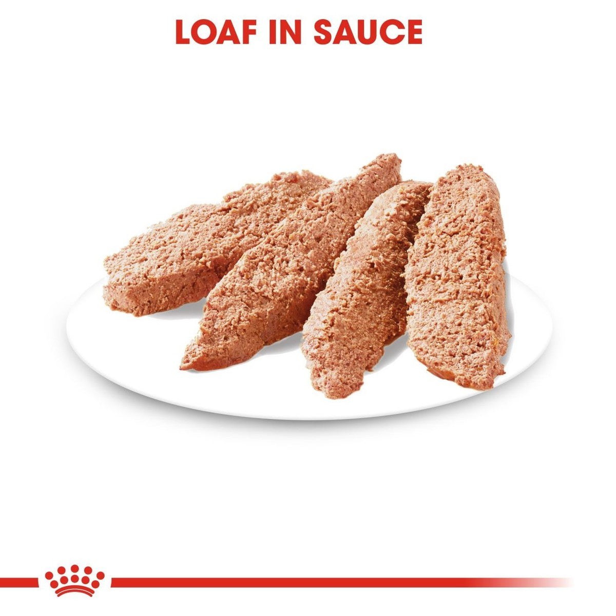 Three breaded meat loaves on a white plate with 'Loaf in Sauce' text above.