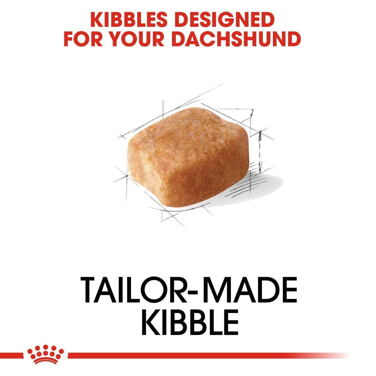 Dog kibble on a white background with text about tailored kibble for Dachshunds.